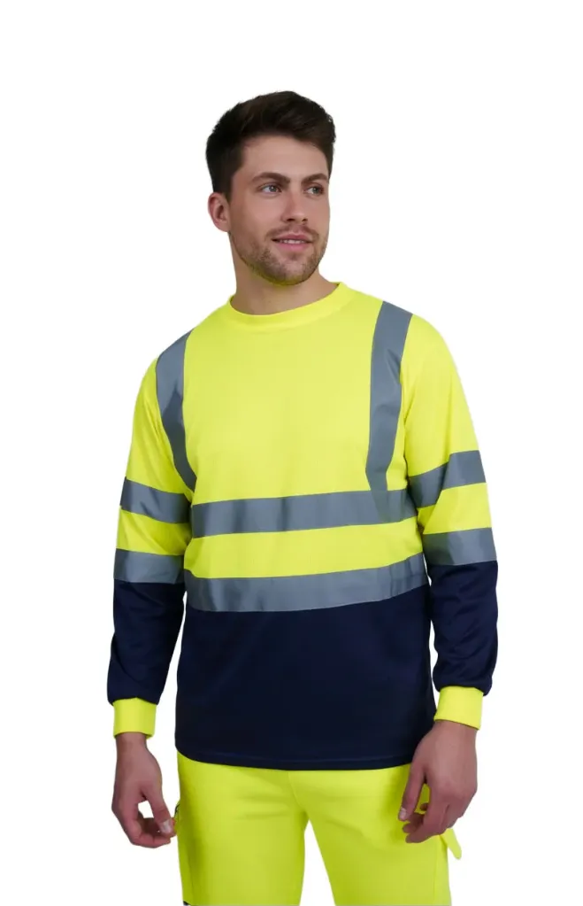 [HV003YENAS] HV003 Hi-Vis Crew Neck Two Tone Long Sleeve T-shirt (Yellow/Navy, Small)