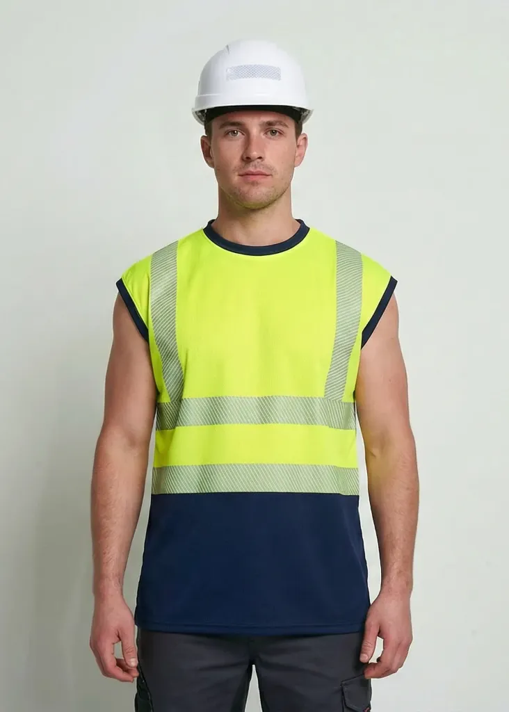 [HV014YENAS] HV014 Hi-Vis Flex Crew Neck Sleeveless Two Tone T-shirt (Yellow/Navy, Small)