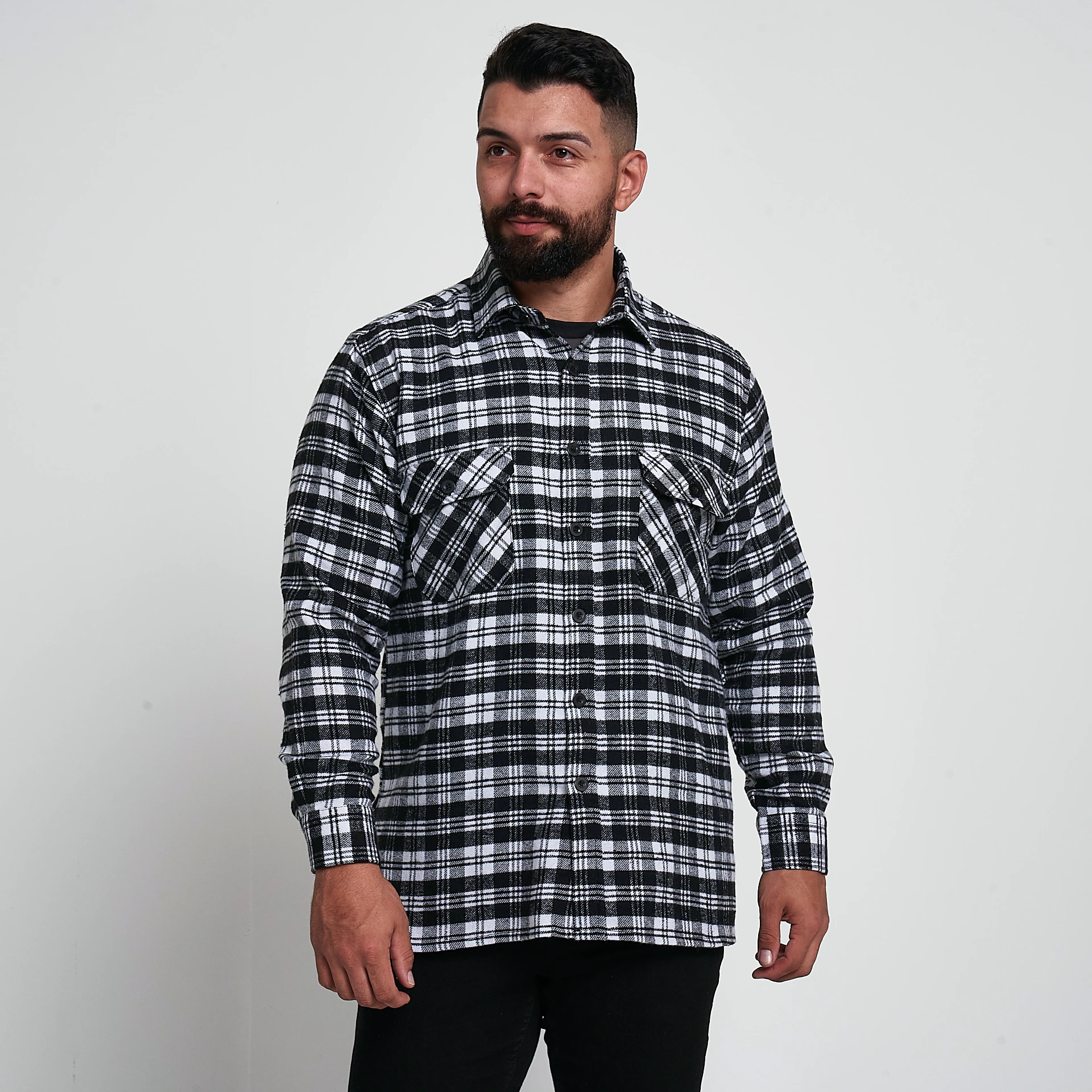[ST01NVYS] ST01 Checkered Flannel Shirt (Navy, Small)