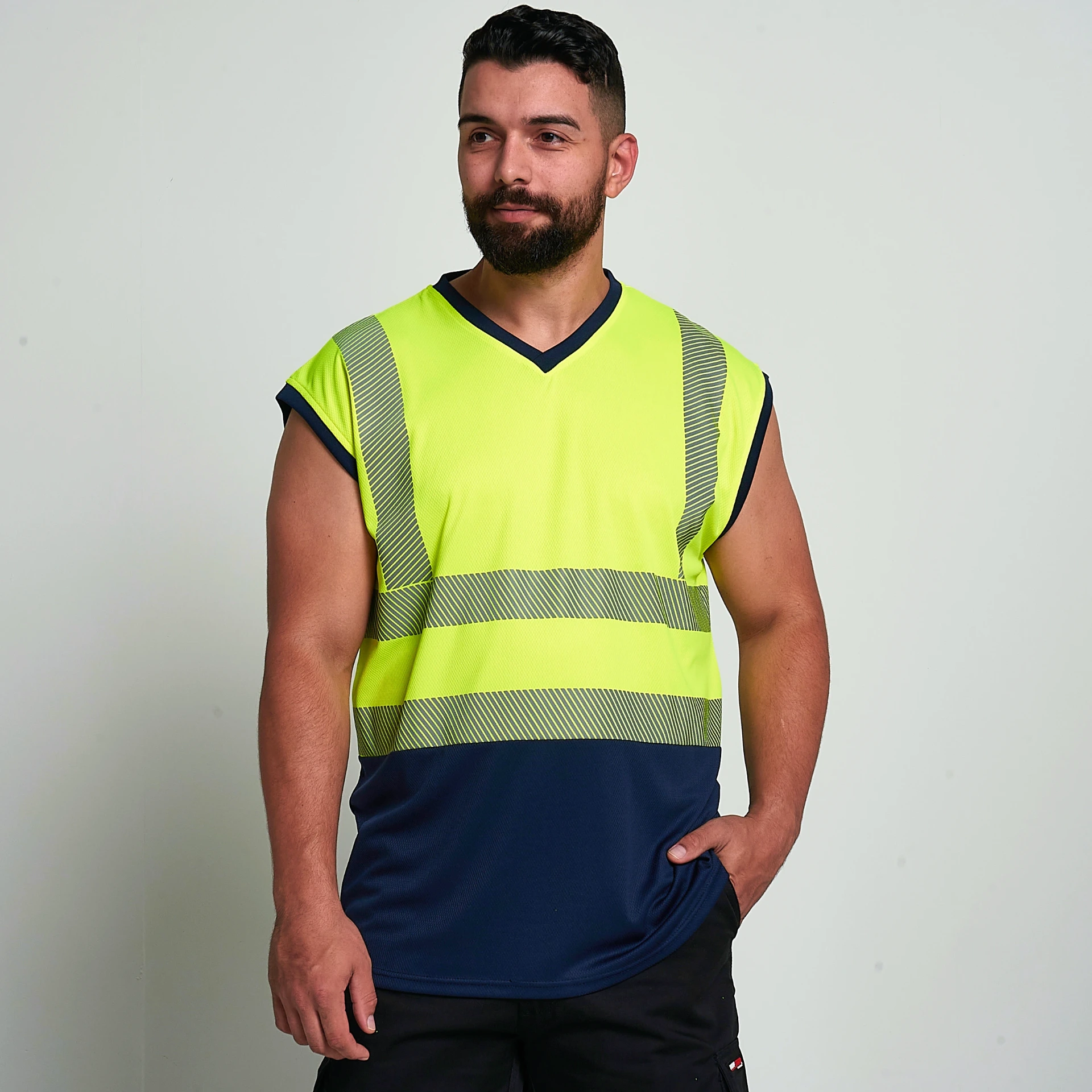 [HV012YENAS] HV012 Hi-Vis Flex V-Neck Sleeveless T-shirt (Yellow/Navy, Small)